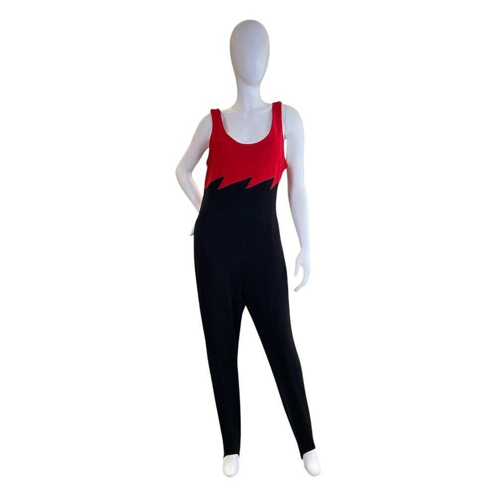 1980s Hollywood Nites Red Black Colorblock Stirrup Jumpsuit Size 16